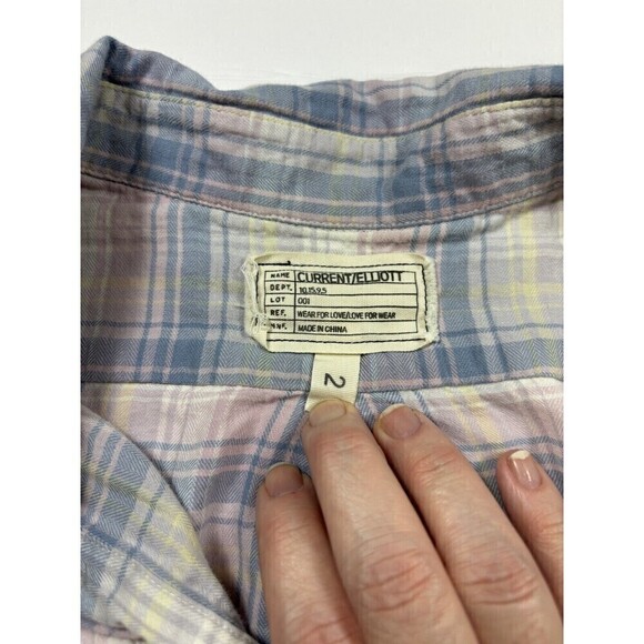 Current Elliott Prep School Button Down Desert Plaid Cream Blue Size Medium 2 - Picture 5 of 11